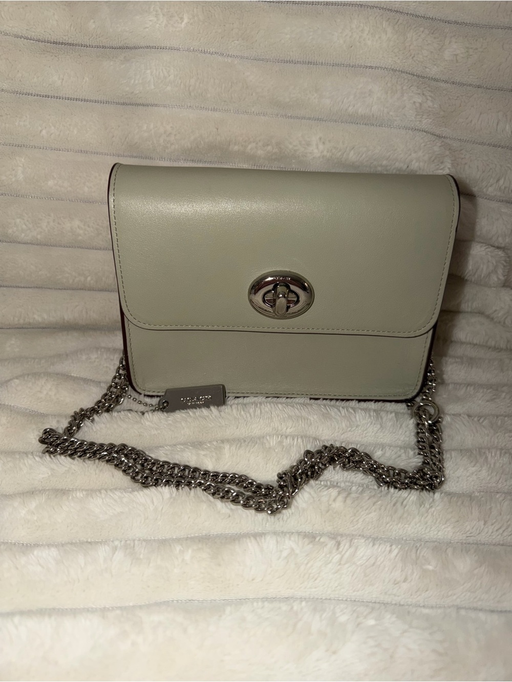 COACH Light Green Leather Turnlock Crossbody with Silver Chain